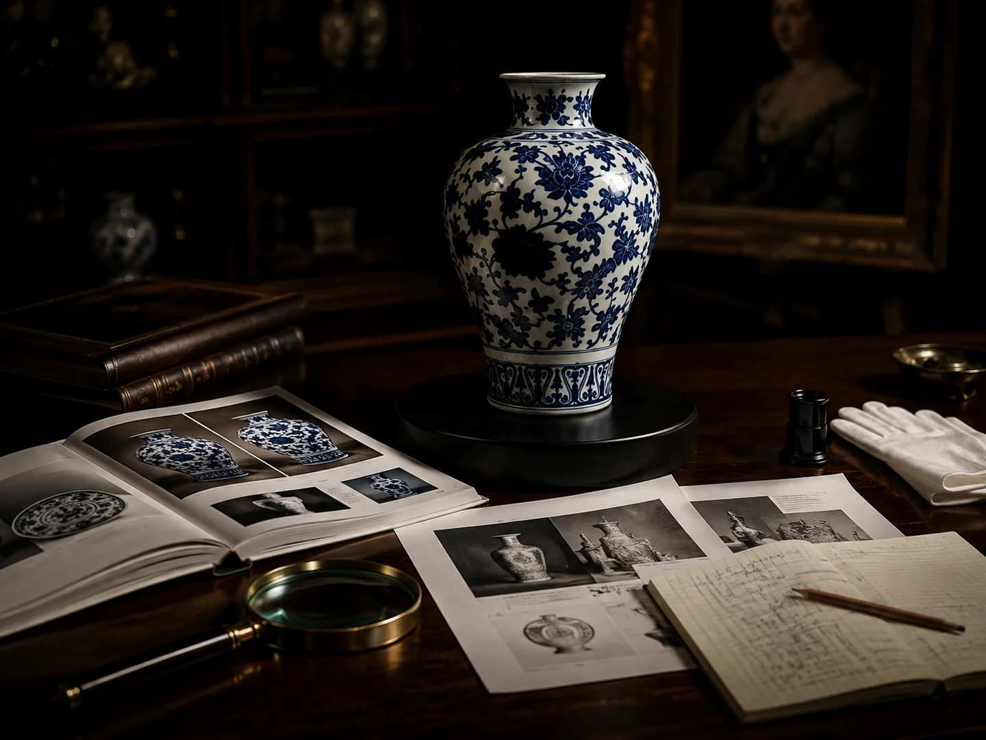 Auction review desk with porcelain, notes and magnifier